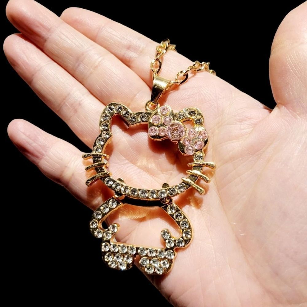 Brand New Gold Rhinestone With Pink Ribbon Hello Kitty Necklace